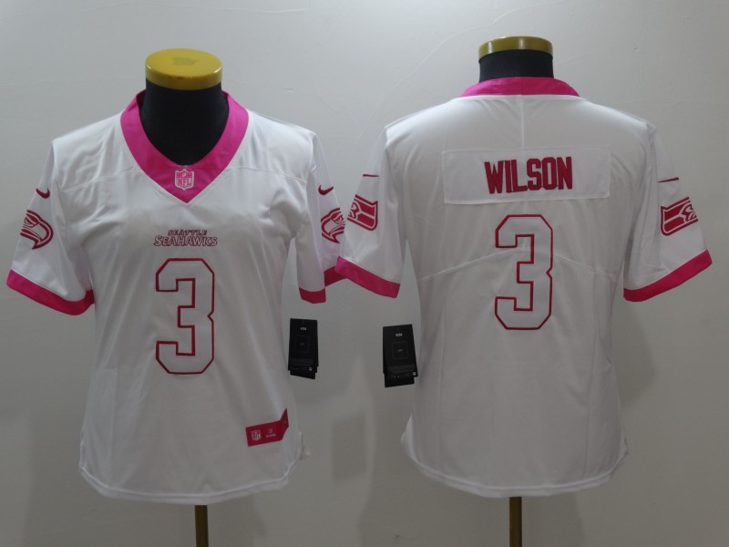 Womens Seattle Seahawks #3 Russell Wilson White Pink Stitched NFL Limited Rush Fashion Jersey->women nfl jersey->Women Jersey